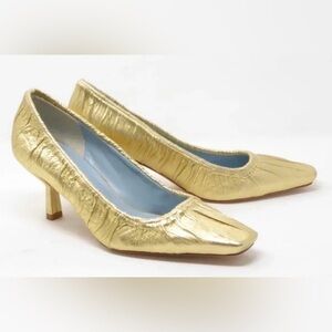 Frances Valentine Britta Gold Ruched Leather Square Toe Kitten Heels 7.5 B
